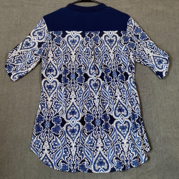 Blue Paisley V-Neck Tunic With 3/4 Sleeves PerSeption Concept Button Womens L - Picture 7 of 11